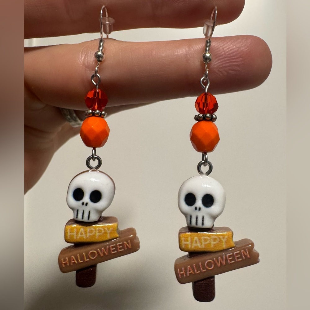 Halloween Skull Earrings with Orange Beads